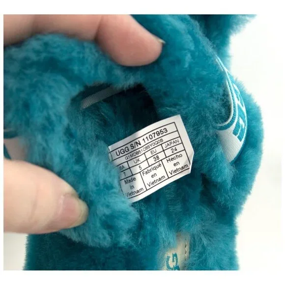 UGG Fluff Oh Yea Aqua Blue Sheepskin Fur Slippers Slides Sandals NIB - Picture 8 of 11